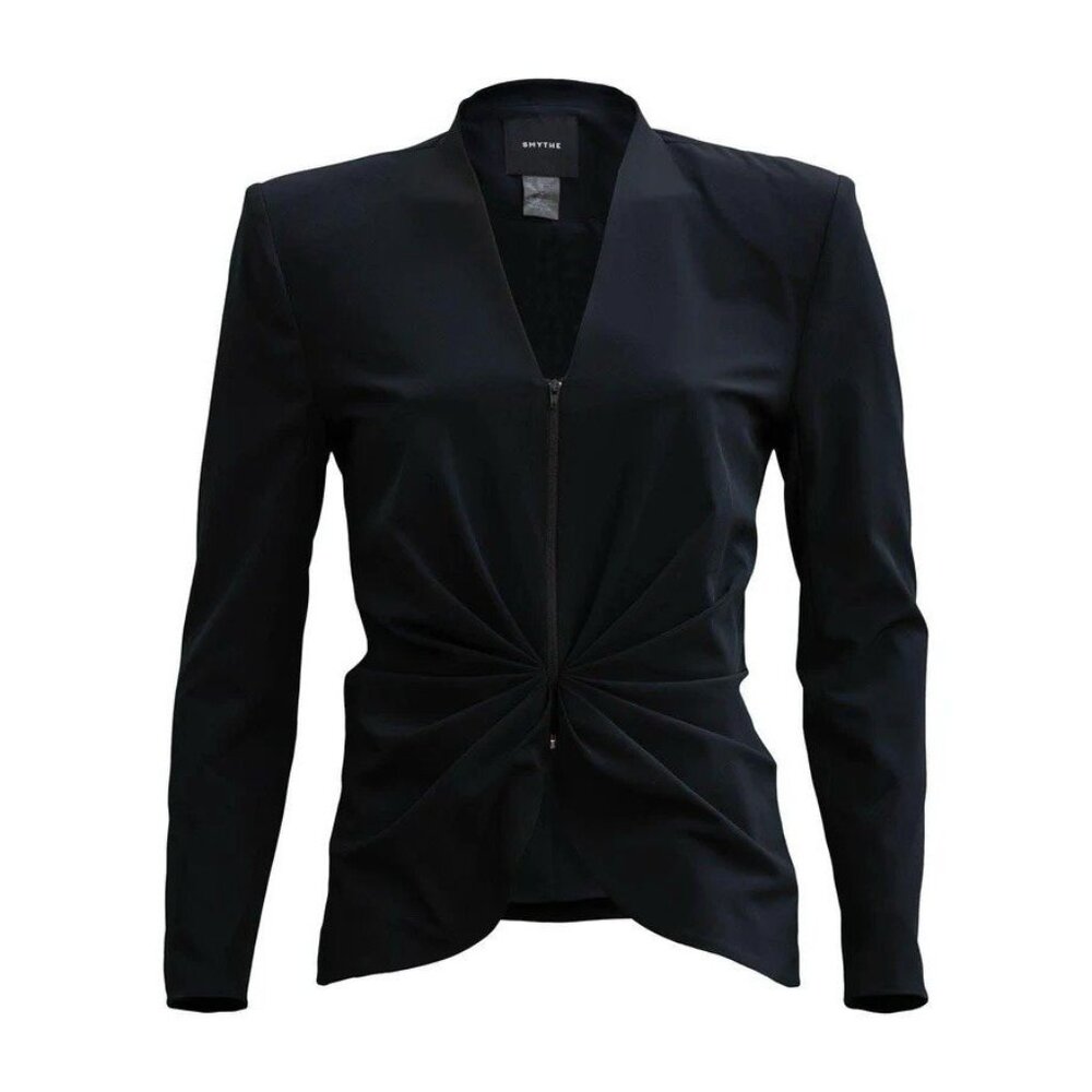 Smythe‎ Long Sleeve Ruched Top w/ Front Zipper & Shoulder Pads SZ 2 Black Blazer
